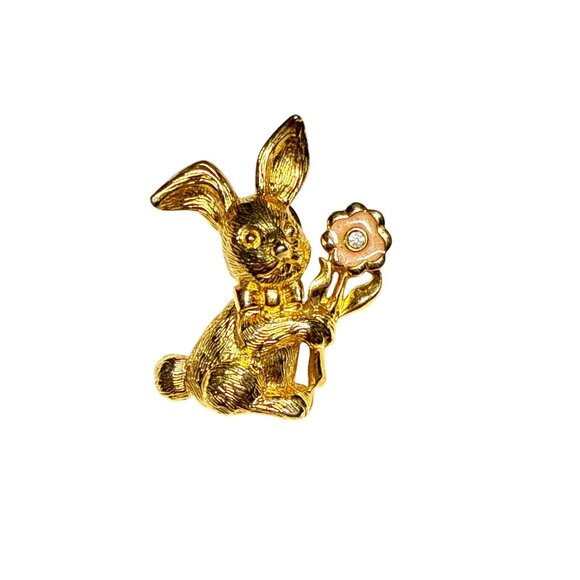 Gold Tone Bunny Rabbit Lapel Pin Holding Flower Vintage Brooch Cute Easter Gift - Picture 8 of 14